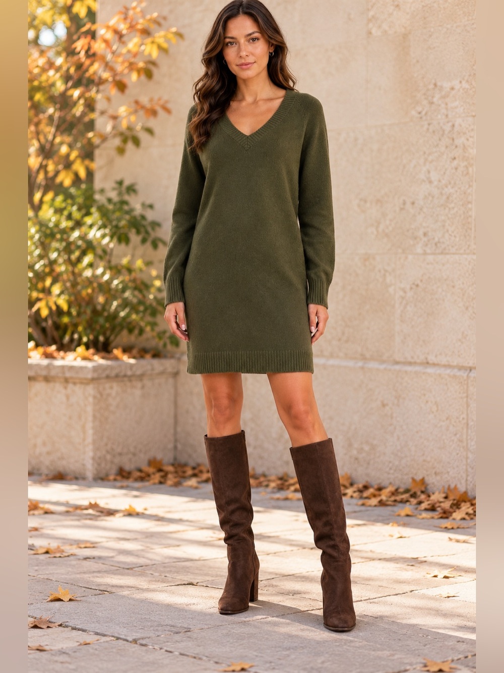 Olive Green V-Neck Sweater Dress SoSoft Cotton Blend Minimalist Fall Extra Small